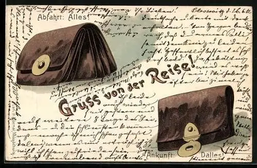 AK Gruss von der Reise!, Abfahrt: Alles, Ankunft: Dalles!, Geldbörse, Scherz