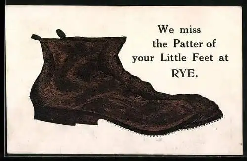 Künstler-AK Rye, We miss the patter of your litte feet, Ein Paar Schuhe, Scherz