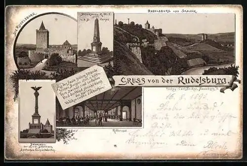 Vorläufer-Lithographie Rudelsburg, 1893, Rittersaal, Denkmal der gefallenen Corpsstudenten