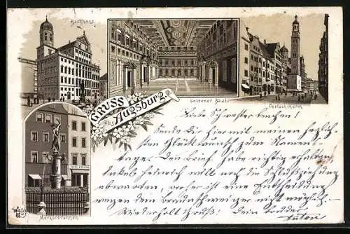 Vorläufer-Lithographie Augsburg, 1894, Rathaus, Goldener Saal, Perlachturm, Merkurbrunnen