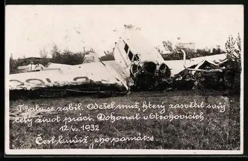 Foto-AK Otrokovice, Flugplatz, Absturz F13 D-1608 Tomas Bata 1932