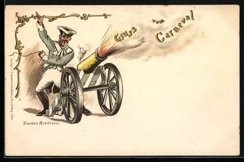 Lithographie Köln, Funken Artillerie, Gruss vom Carneval