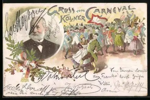 Lithographie Köln, Szene beim Karneval, Alterspräsident A. Wilcke