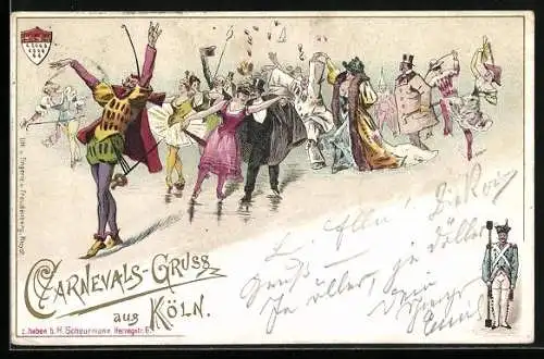 Künstler-AK Köln a. Rh., Carnevals-Gruss, Kostümierte Feiernde bei einem Umzug