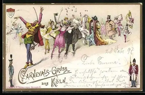 Lithographie Köln, verkleidete, feiernde Menschen zum Karneval