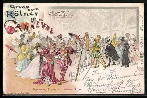 Lithographie Kölner Carneval, Kölner Bauer und Jungfrau