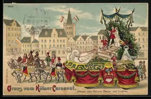 Lithographie Köln, Kölner Carneval, Wagen des Kölner Bauer und Jungfrau