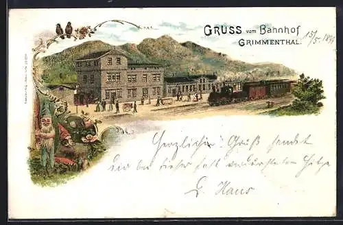 Lithographie Grimmenthal, Bahnhof mit Dampfzug, Zwerge