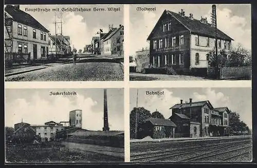AK Vechelde, Bahnhof, Zuckerfabrik, Geschäftshaus Herm. Witzel, Hauptstrasse, Molkerei