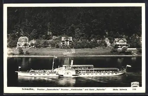 AK Schmilka, Dampfer Königstein auf der Elbe, Hotel Helvetia und Pensionen Sonnenheim und Waldfrieden