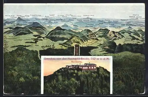AK Hochwald-Baude /Lausitzer Gebirge, Berghütte Nordseite, Panorama m. Hayn, Schanzendorf & Reichenau