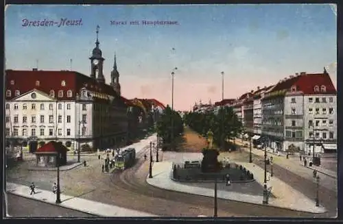 AK Dresden-Neustadt, Markt mit Hauptstrasse, Strassenbahn