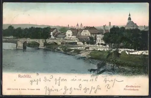 AK Rochlitz, Uferpartie mit Kirche und Brücke