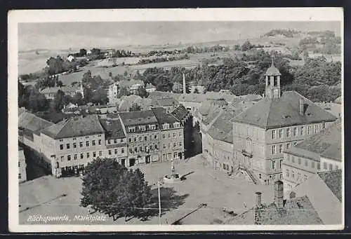 AK Bischofswerda, Marktplatz mit Geschäften und Brunnen