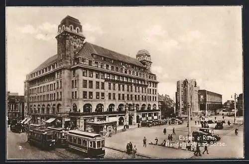 AK Essen a. Ruhr, Hotel Handselshof und Börse mit Strassenbahn