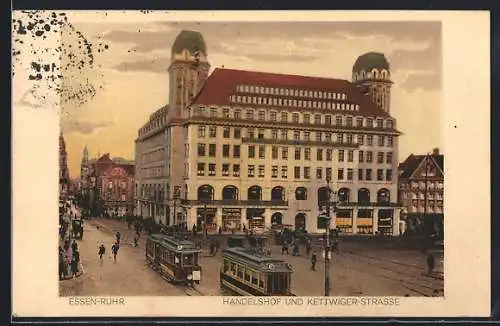 AK Essen /Ruhr, Hotel Handelshof in der Kettwiger-Strasse mit Strassenbahn