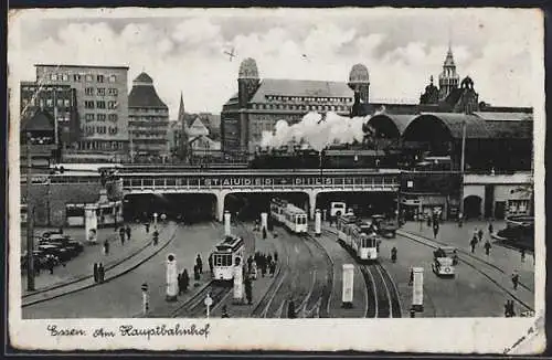 AK Essen, Zug und Strassenbahnen am Hauptbahnhof