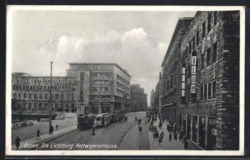 AK Essen, Die Lichtburg in der Kettwigerstrasse, Strassenbahn