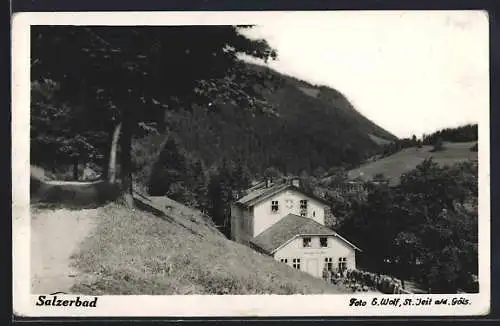 AK Kleinzell /N.-Oe., Salzerbad, Blick auf ein Gasthaus mit Berglandschaft