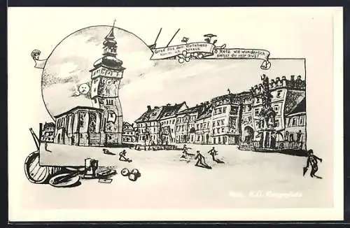 Künstler-AK Retz /N.-Ö., Schwankende Häuser auf dem Haupplatz aus der Sicht eines Betrunkenen