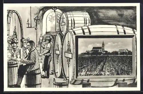AK Retzbach, Ortspartie mit Kirche, Herren im Bierkeller, Passepartout