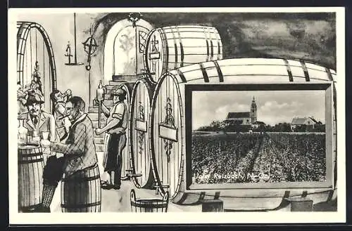 AK Retzbach, Ortspartie mit Kirche, Herren im Bierkeller, Passepartout