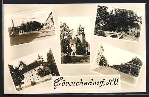 AK Ebreichsdorf /N. Ö., Strassenpartie mit Säulendenkmal, Schloss, Brückenpartie