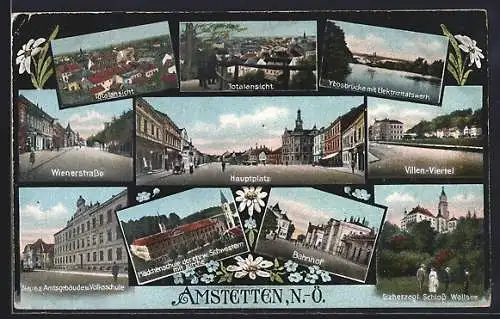 AK Amstetten, Villen-Viertel, Wienerstrasse, Mädchenschule der ehrw. Schwestern und Kirche, bahnhof