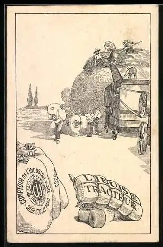 Künstler-AK Paris, Comptoir de l`Industrie du Jute, Lieuse Tracteur, Reklame