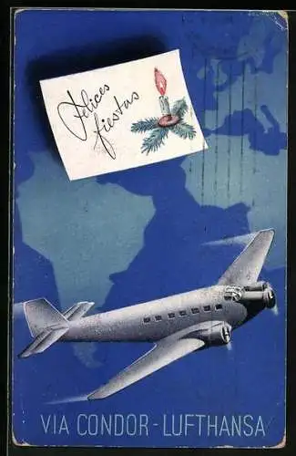 AK Tourismus-Werbung der Fluglinie Via Condor-Lufthansa, Flugzeug über Südamerika und Afrika