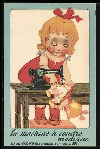 AK Reklame für Nähmaschine Singer 66 K6, Mädchen repariert Puppe