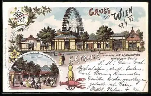 Lithographie Georg Haller`s Restaurant zum goldenen Kegel auf dem Wiener Prater
