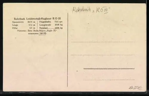 AK Rohrbach Leichtmetall-Wasserflugzeug RO III. bei der Landung