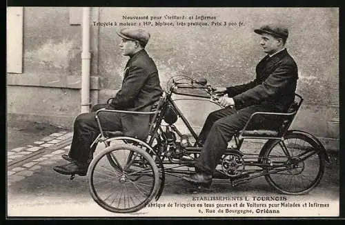 AK Orleans, Tricycle a moteur 1 HP, Männer auf dem Fahrrad