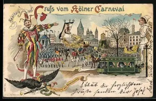 Lithographie Köln, Strassenbahn passiert den Karnevalsumzug am Neumarkt