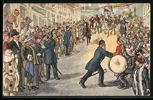 Künstler-AK Polizei sperrt die Strasse während des Kölner Karnevals