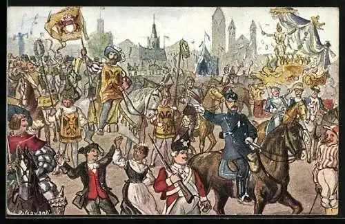 Lithographie Köln, Karneval: Nr.3, Der Rosenmontagszug auf dem Neumarkt