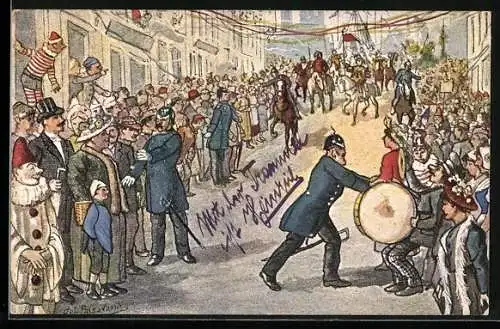 Künstler-AK Polizei sperrt die Strasse während des Kölner Karnevals