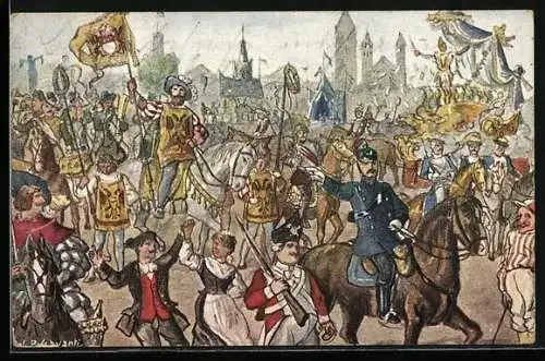 Lithographie Köln, Karneval: Nr.3, Der Rosenmontagszug auf dem Neumarkt