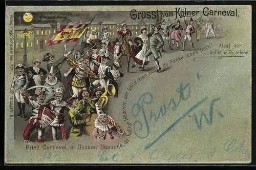 Lithographie Köln, Kölner Carneval, Prinz Carneval, et Gecken Bänsche, de hellige Mädcher..., Fasching