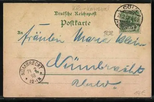 Lithographie Köln, Kölner Carneval, Prinz Carneval, et Gecken Bänsche, de hellige Mädcher..., Fasching