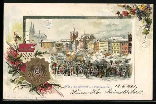 Passepartout-Lithographie Köln, Der Heumarkt zur Karnevalszeit, Wappen