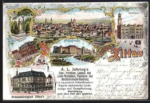 Lithographie Zittau, Ortsansicht, Marschner Denkmal, Rathaus, Johanneum, Postamt