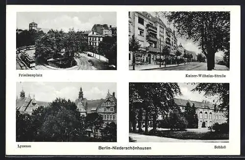 AK Berlin-Niederschönhausen, Kaiser-Wilhelm-Strasse mit Drogerie, Lyzeum, Friedensplatz