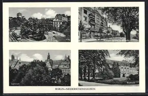 AK Berlin-Niederschönhausen, Kaiser-Wilhelm-Strasse mit Drogerie, Lyzeum, Friedensplatz
