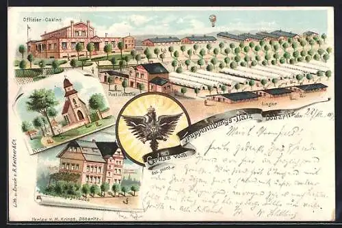 Lithographie Döberitz, Truppenübungsplatz, Lager, Kirche, Offiziers-Casino