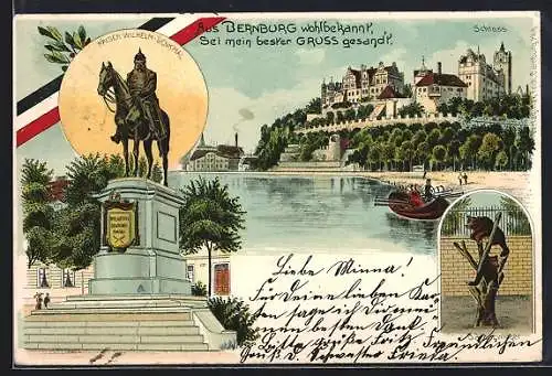 Lithographie Bernburg, Kaiser Wilhelm-Denkmal, Schloss, Bärenzwinger