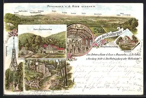 Lithographie Dettum, Panorama von der Asse gesehen, Gasthaus Zur Asse, Försterei, Burgruine, Aussichtsthurm