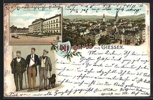 Lithographie Giessen, Ortsansicht mit Universität und Laboratorium
