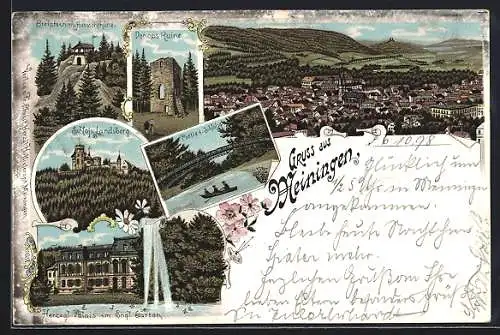 Lithographie Meiningen, Gesamtansicht, Bielstein mit Aussichthütte, Palais im Englischen Garten